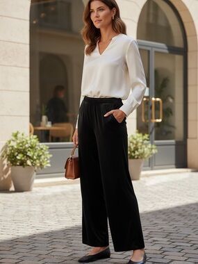 Lisa Bayne Velvet Wide Leg Pull On Pants L Black